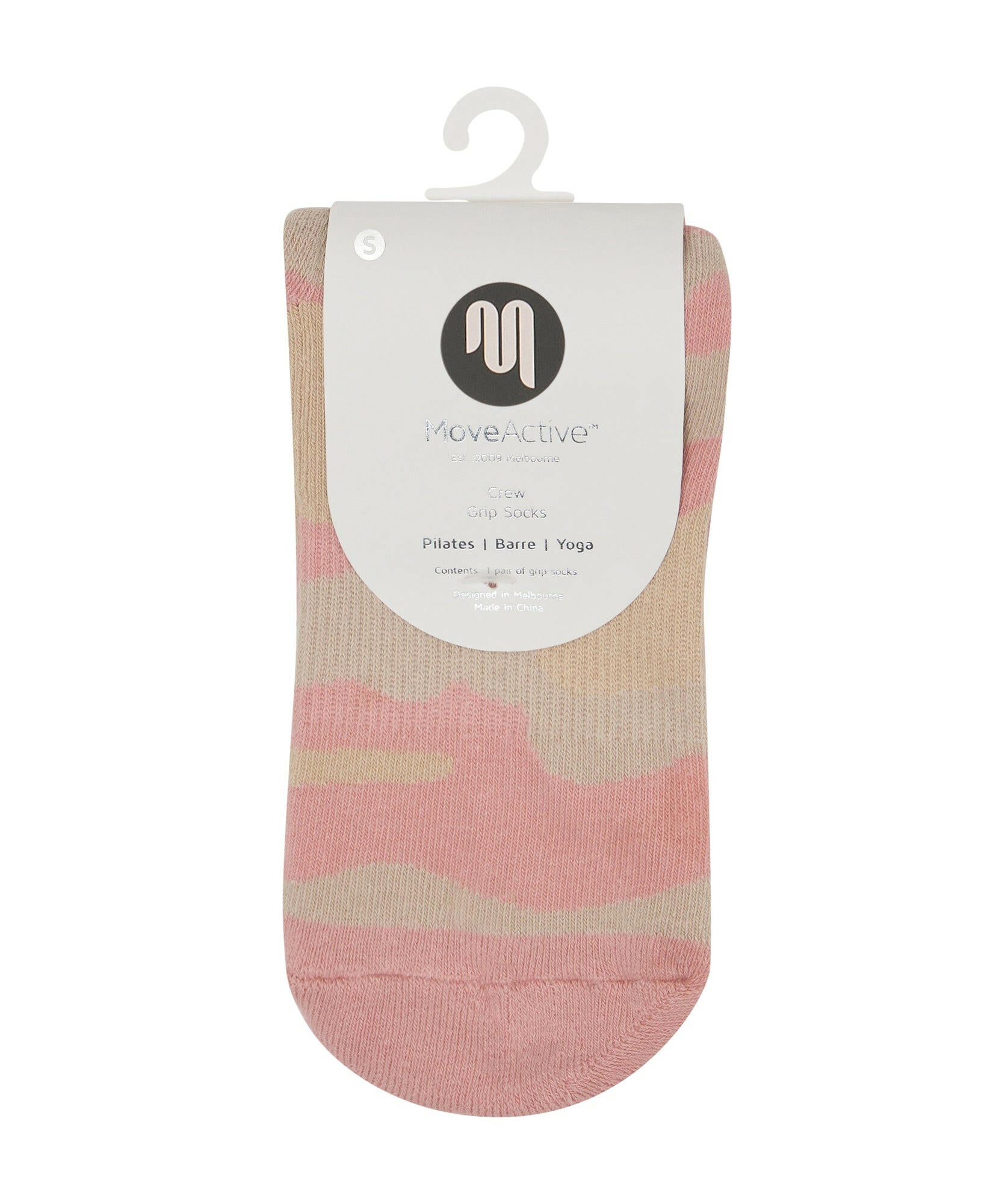 Fashionable and functional pink camo crew socks with non-slip grip feature