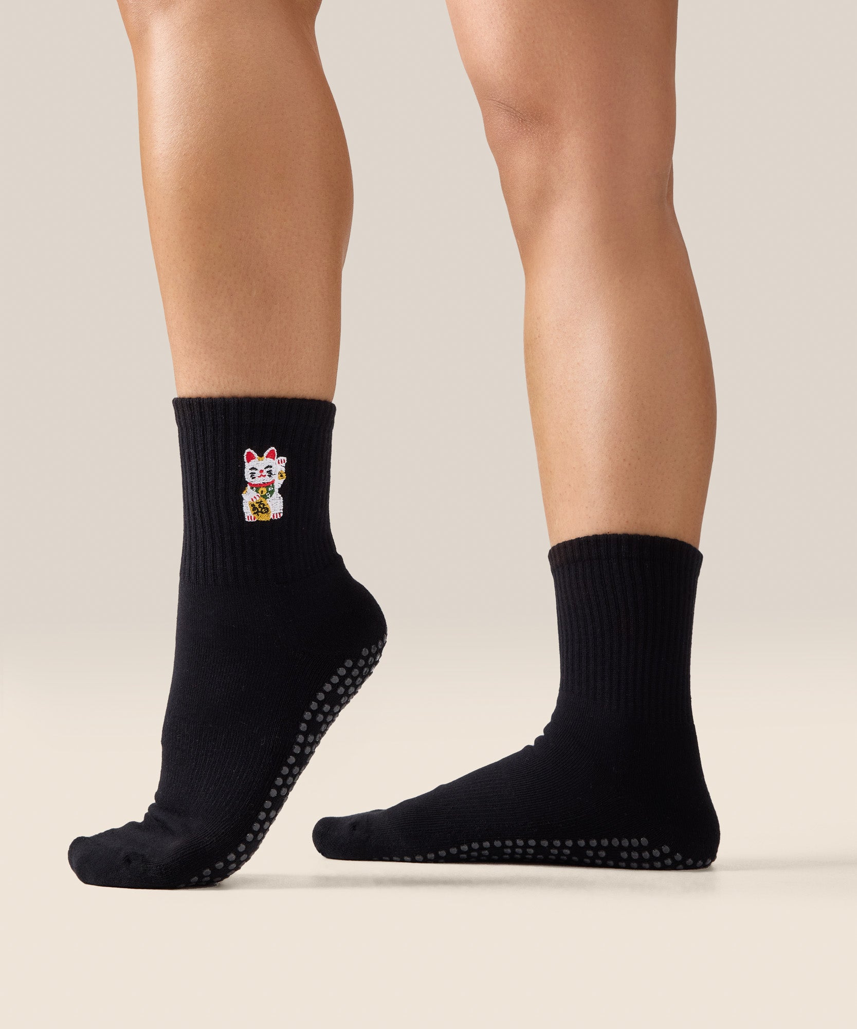 Crew Non Slip Grip Socks - Fortune Kitty Black