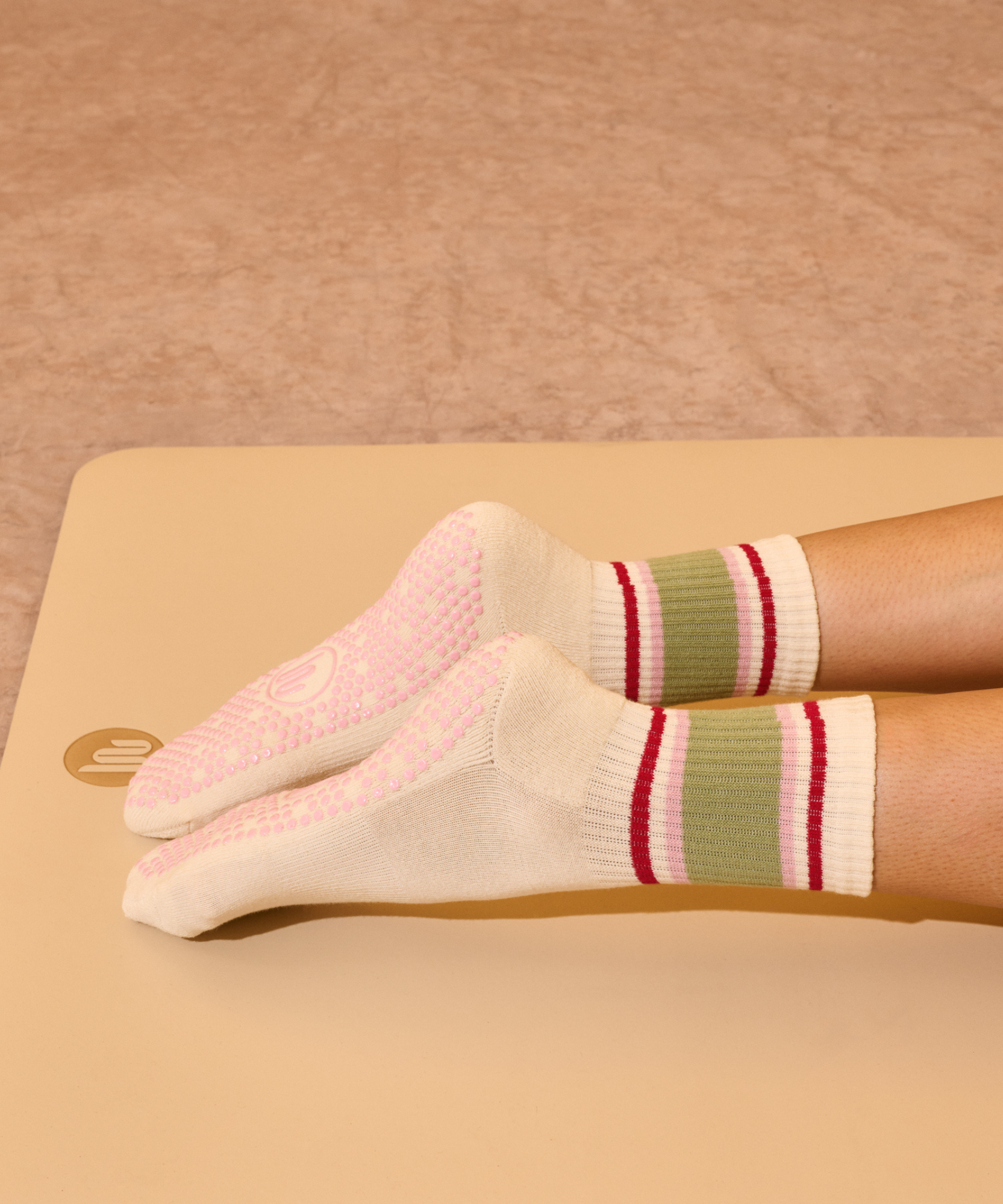 Crew Non Slip Grip Socks - Stripe Vanilla & Sage.