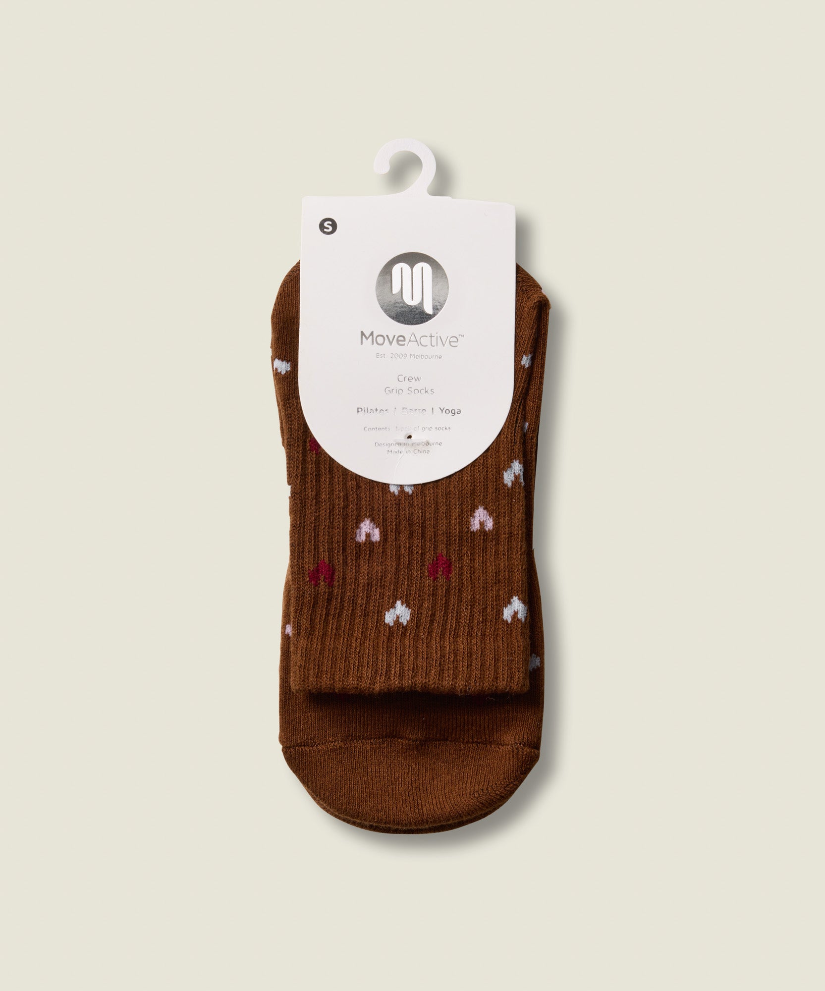 Crew Non Slip Grip Socks - Hearts Brown